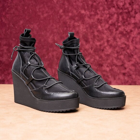 Steve Madden Women Atomic Black Leather Wedge Fashion Ankle Boots Size 8.5 - Picture 1 of 9